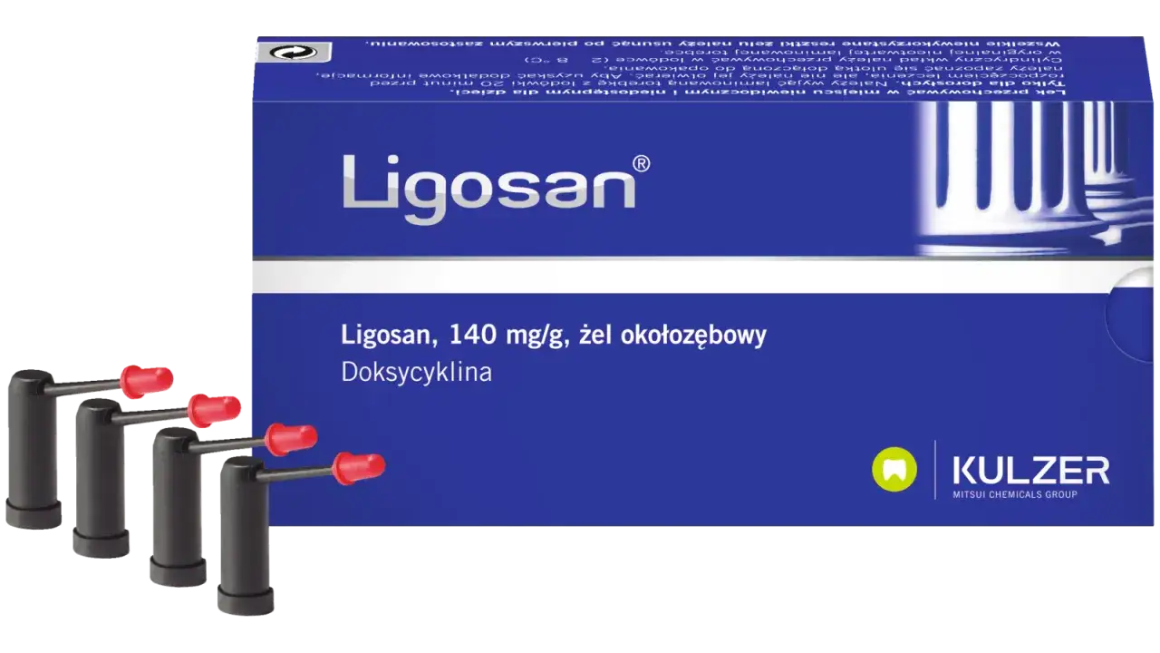 Ligosan, żel okołozębowy z doksycykliną, w opakowaniu z aplikatorami.