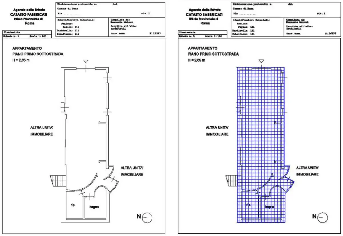 Planimetria catastale di un appartamento con indicazione di un muro di confine tra due propriet&agrave;.