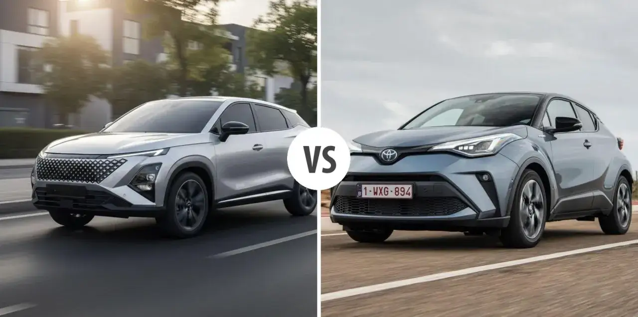 Porównanie OMODA hybryda z Toyotą C-HR. Dwa stylowe SUV-y na drodze, jeden srebrny, drugi niebieski.