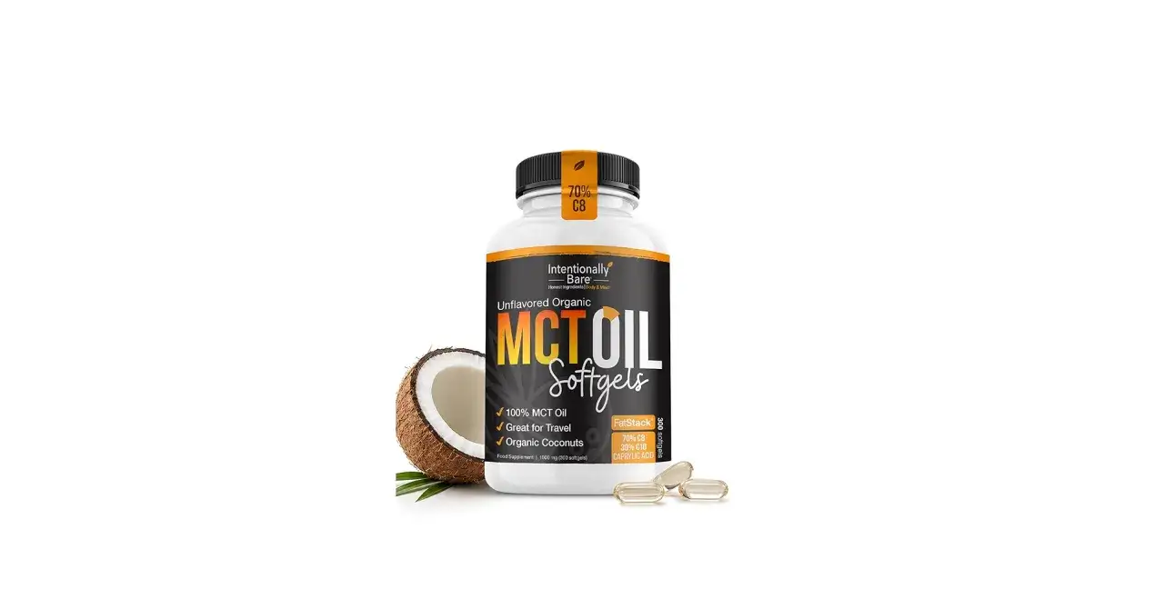 Flacone di softgel MCT OIL biologico, con cocco e 70% C8, ideale per chi &egrave; sempre in movimento.