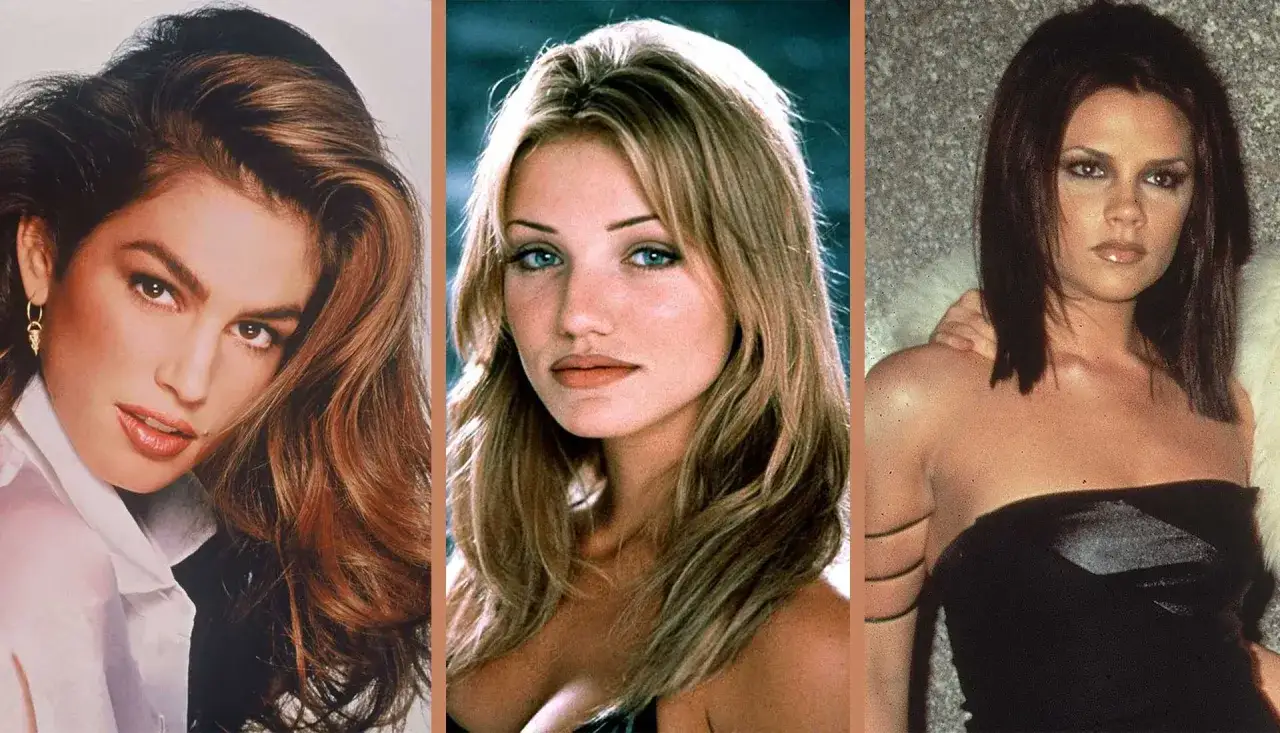 Icone di stile con trucco anni 90: Cindy Crawford, Cameron Diaz e Victoria Beckham.