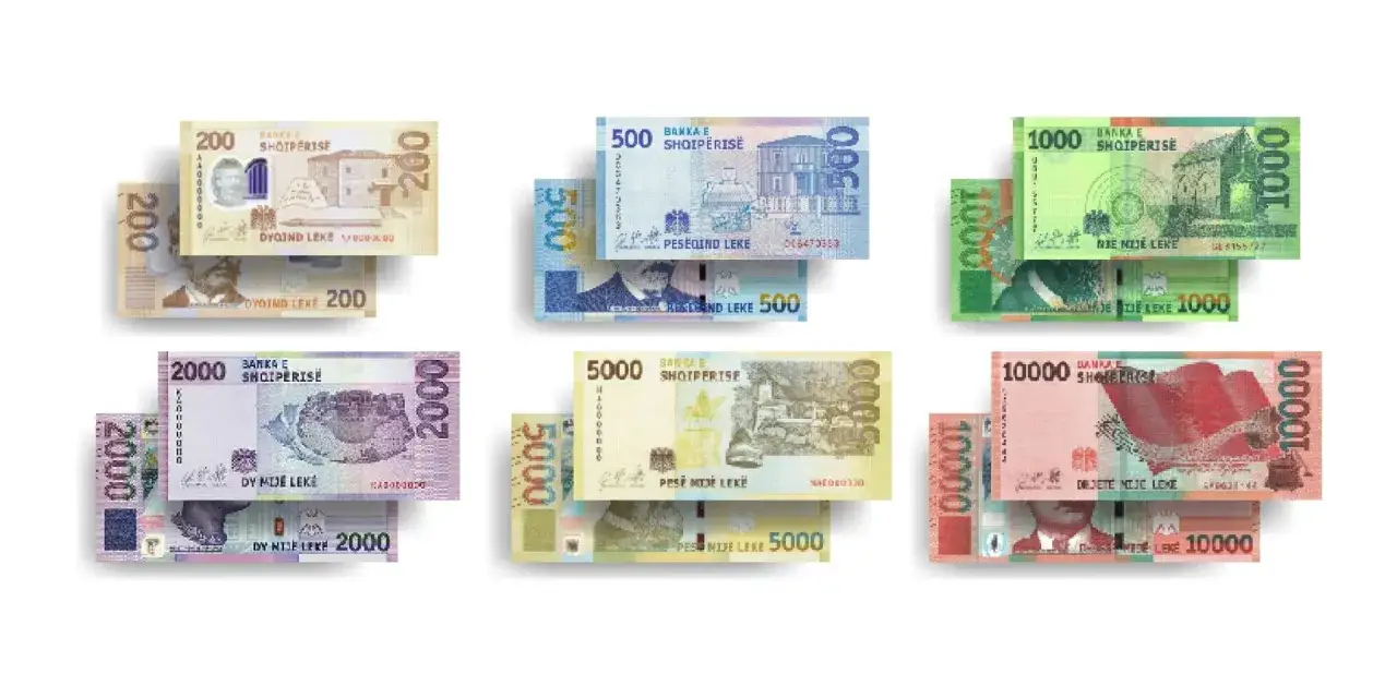Albanien Geld: Scheine in verschiedenen Werten, darunter 200, 500, 1000, 2000, 5000 und 10000 Lek.