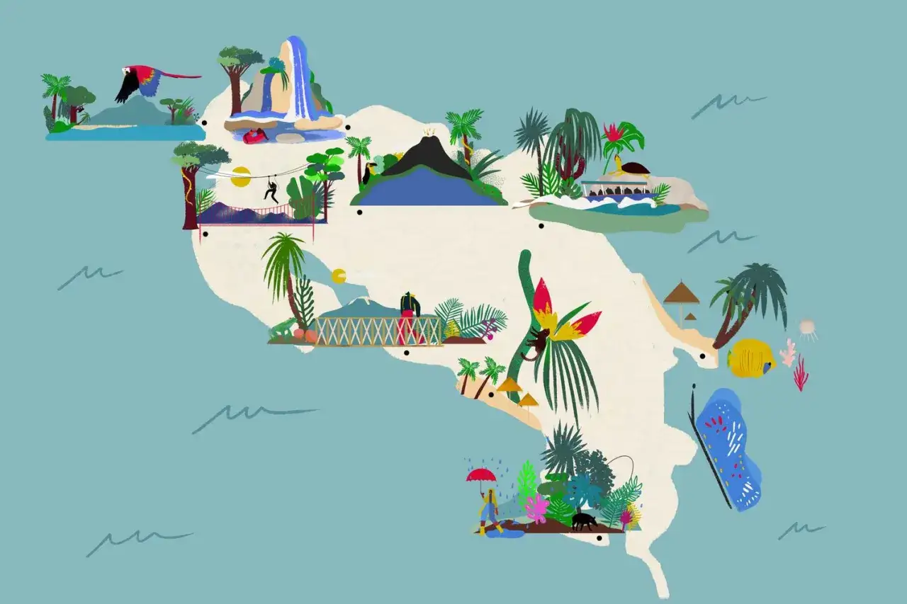Kolorowa mapa ilustrująca atrakcje Kostaryki: wodospady, wulkany, dżunglę, plaże i zwierzęta. Idealna na kostaryka wakacje!