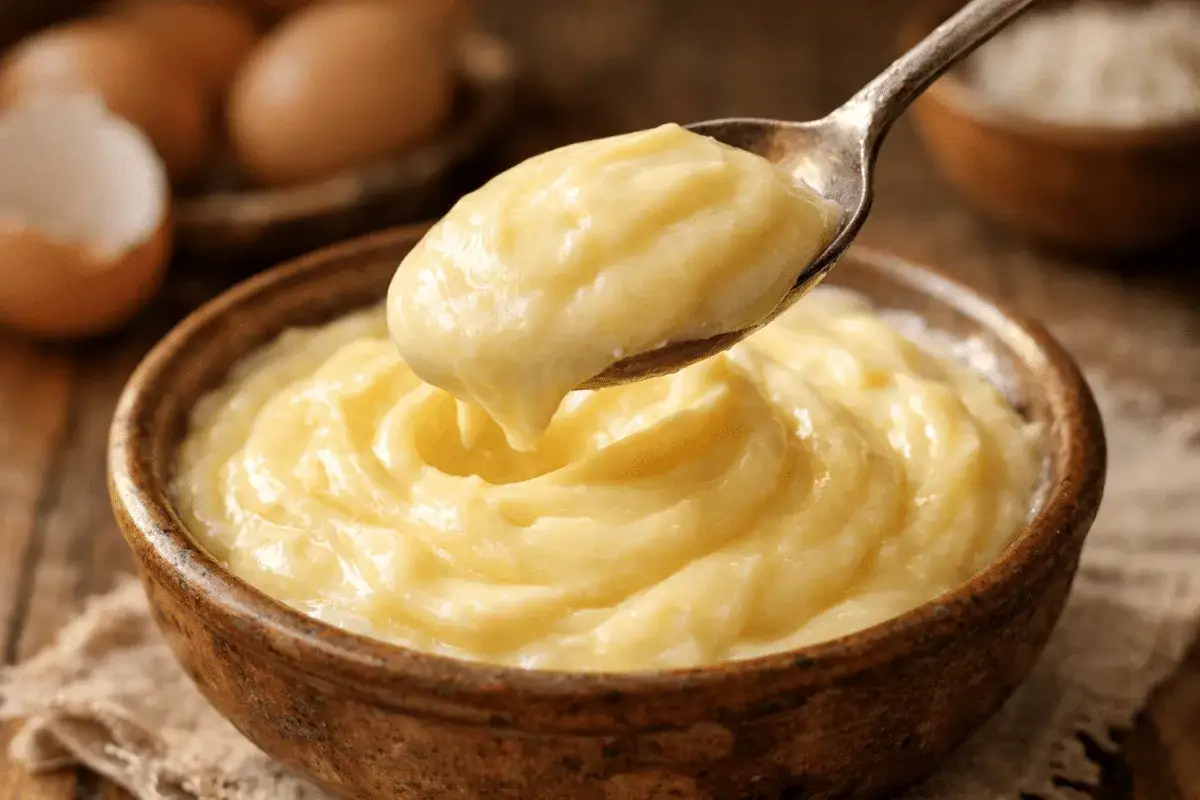 Cuchara con cremosa crema pastelera, lista para rellenar postres. Huevos y cáscara en el fondo.