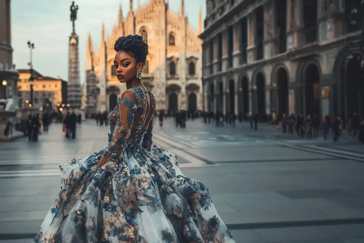 Elegancka kobieta w sukni od włoskich marek odzieżowych na tle mediolańskiej katedry.