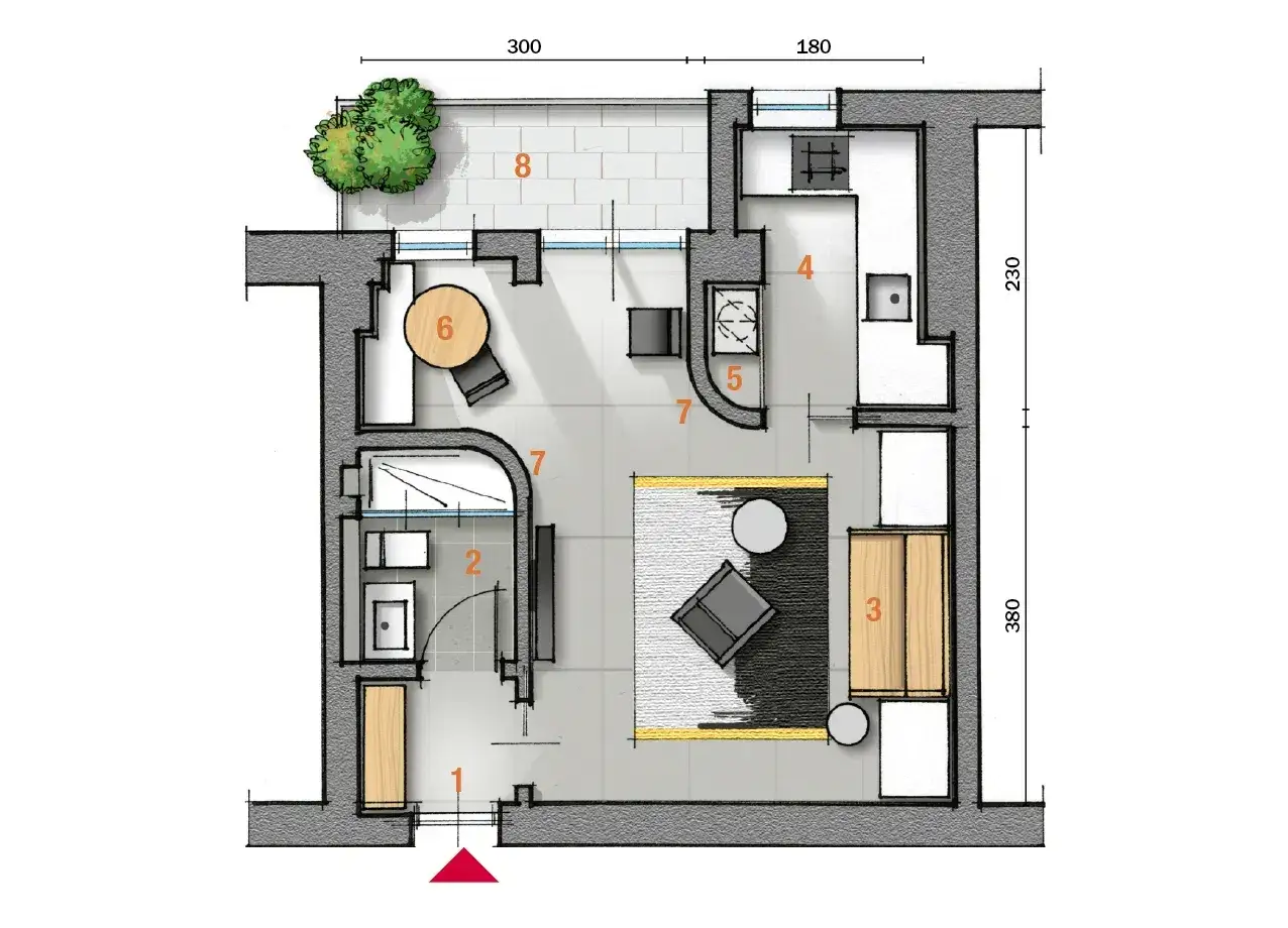 Pianta di un monolocale di 30 mq con zona giorno, cucina, bagno e terrazzo.