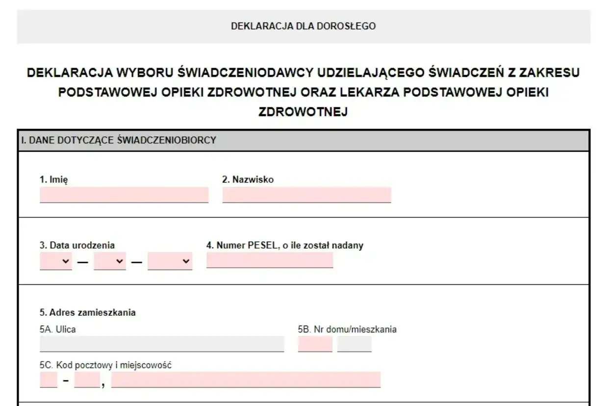 Formularz deklaracji wyboru lekarza POZ, umożliwiający zmianę lekarza specjalisty w trakcie leczenia.