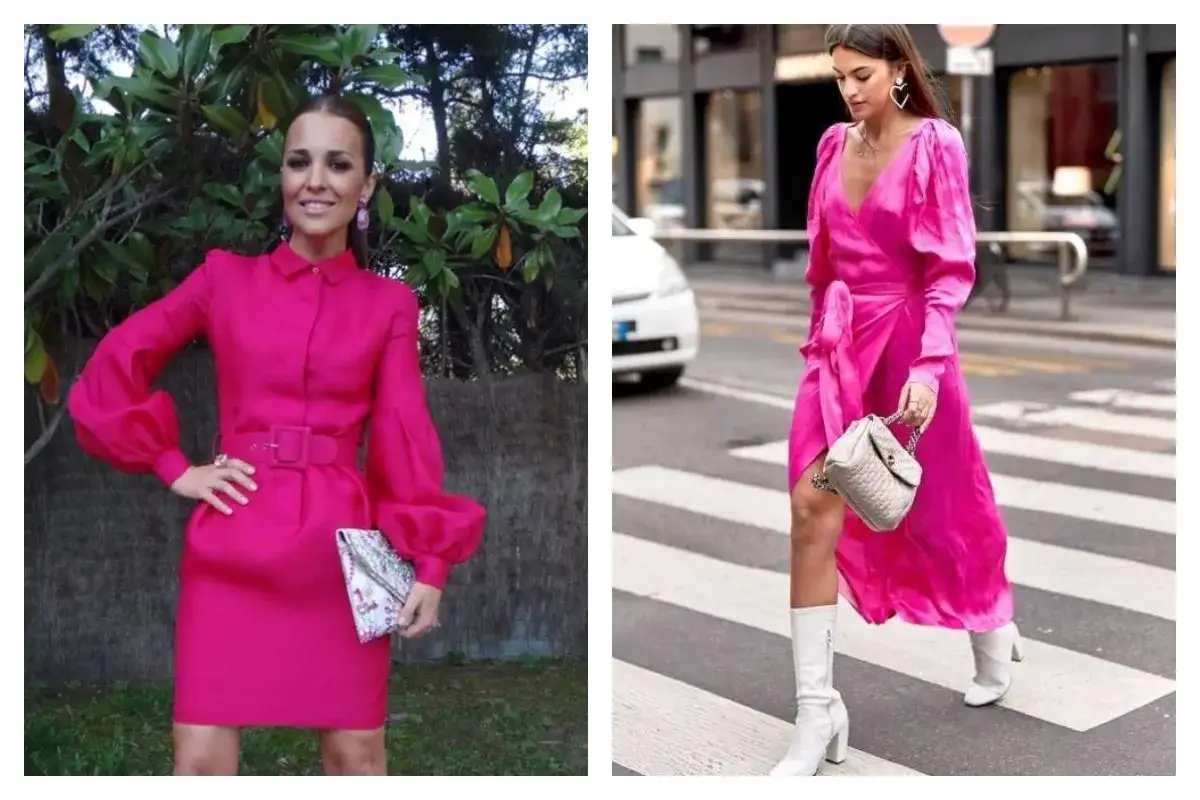 Deux femmes portent des robes rose fuchsia. L'une est ceintur&eacute;e et l'autre est drap&eacute;e, avec des bottes blanches et un sac gris.
