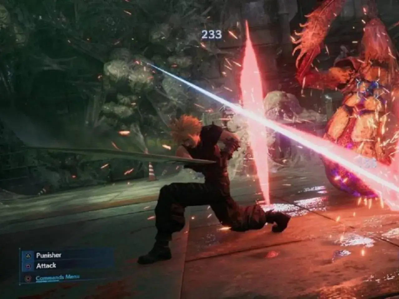 Cloud Strife en acción, usando su espada contra un monstruo en Final Fantasy VII Remake. Un momento clave para tu guía FF7.