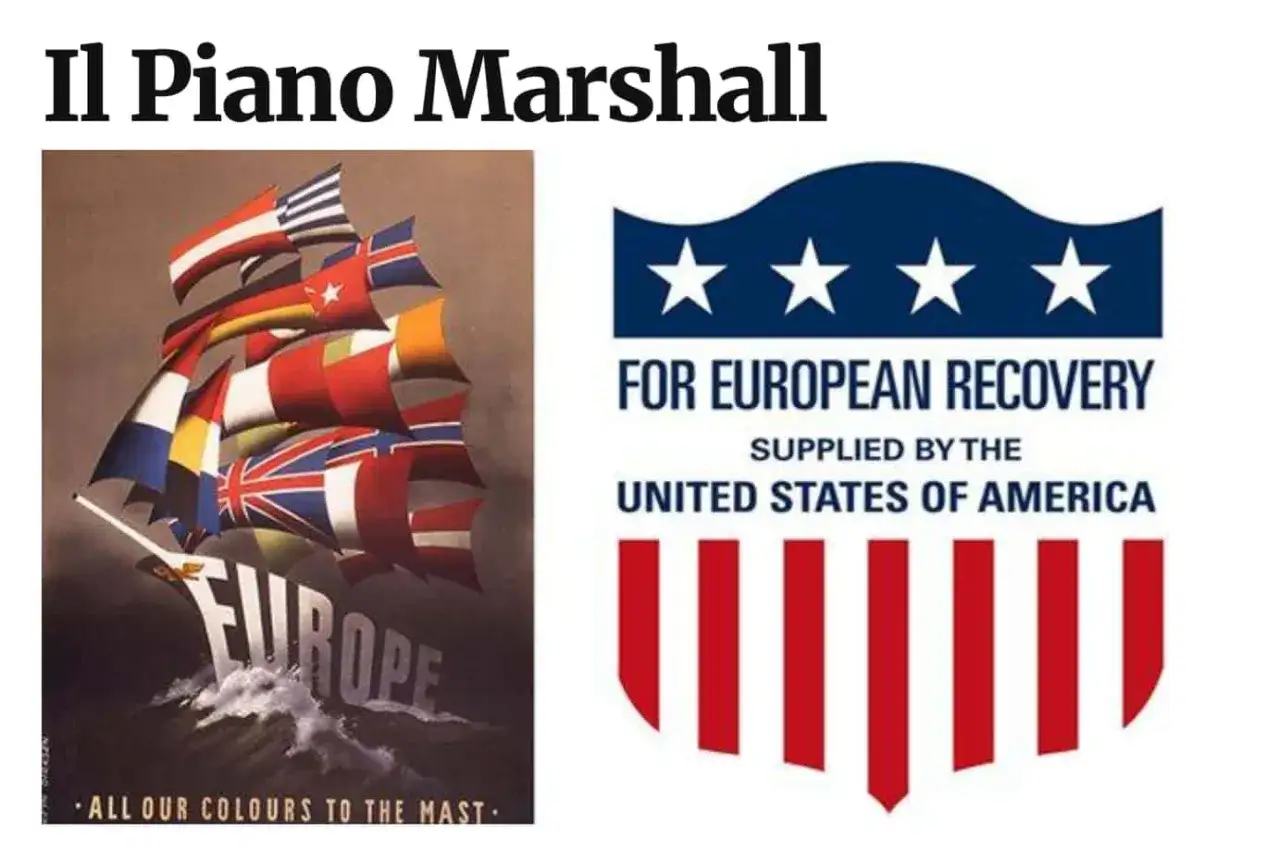 Il Piano Marshall: una nave con le bandiere europee naviga verso il recupero, supportata dal presidente USA.