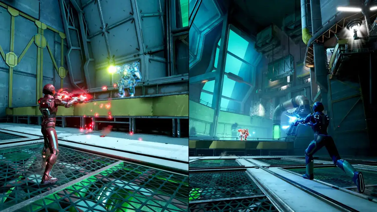 Dos guerreros en trajes futuristas luchan en un complejo industrial. Uno, de rojo, dispara proyectiles. El otro, de azul, se prepara para contraatacar. Buscan a way out 2.