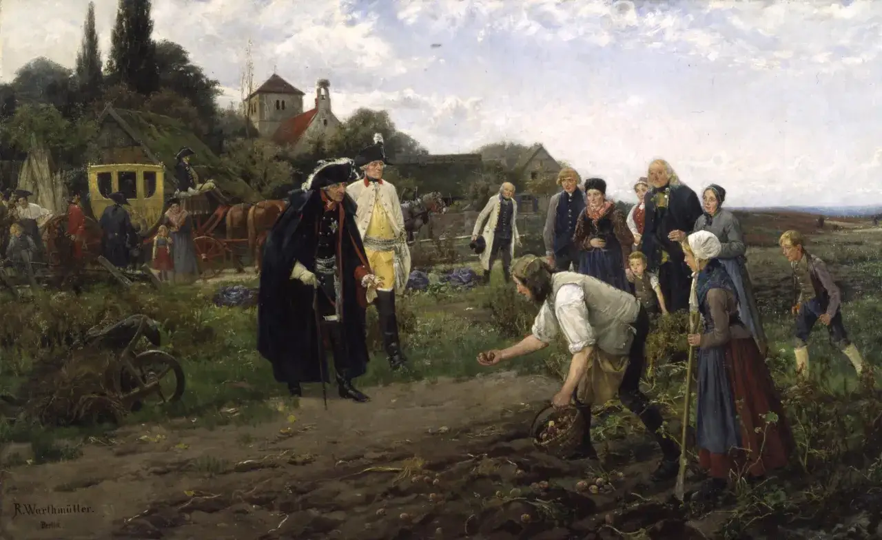 Historismus Malerei: Adelige inspizieren Kartoffelernte auf dem Feld. Ein Bauer sammelt die Knollen in einen Korb.