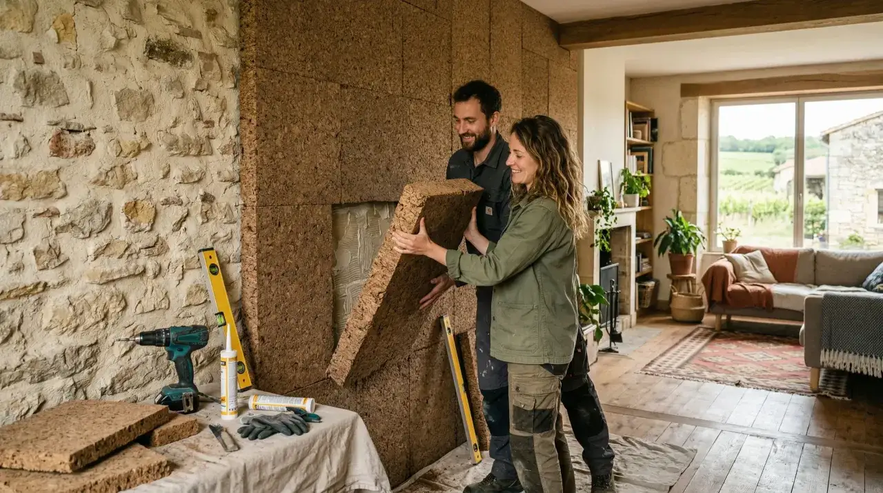 Un couple installe des panneaux d'isolation en liège sur un mur intérieur. L'épaisseur du matériau suggère une excellente isolation thermique.