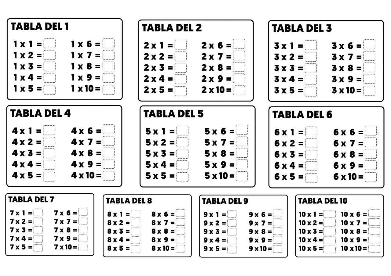 Tablas de multiplicar sin resultados para practicar. Ejercicios para aprender las tablas del 1 al 10.