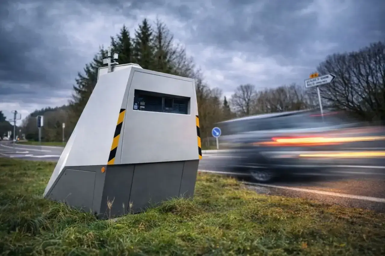 Un radar móvil en la carretera, con un coche pasando a gran velocidad.