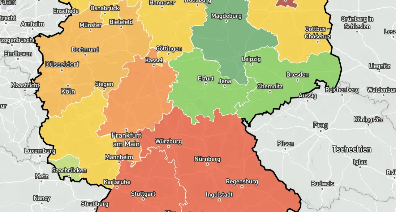 Karte zeigt Deutschland mit farblich markierten Regionen. Dortmund liegt in einer gelben Zone, die auf den Wohnungsmarkt hinweist.