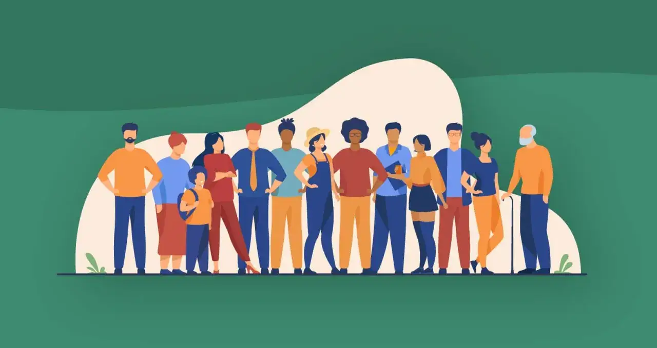 Eine vielfältige Gruppe von Menschen steht zusammen. Sie repräsentieren, was mitarbeitern wichtig ist: Gemeinschaft, Unterstützung und ein Gefühl der Zugehörigkeit.