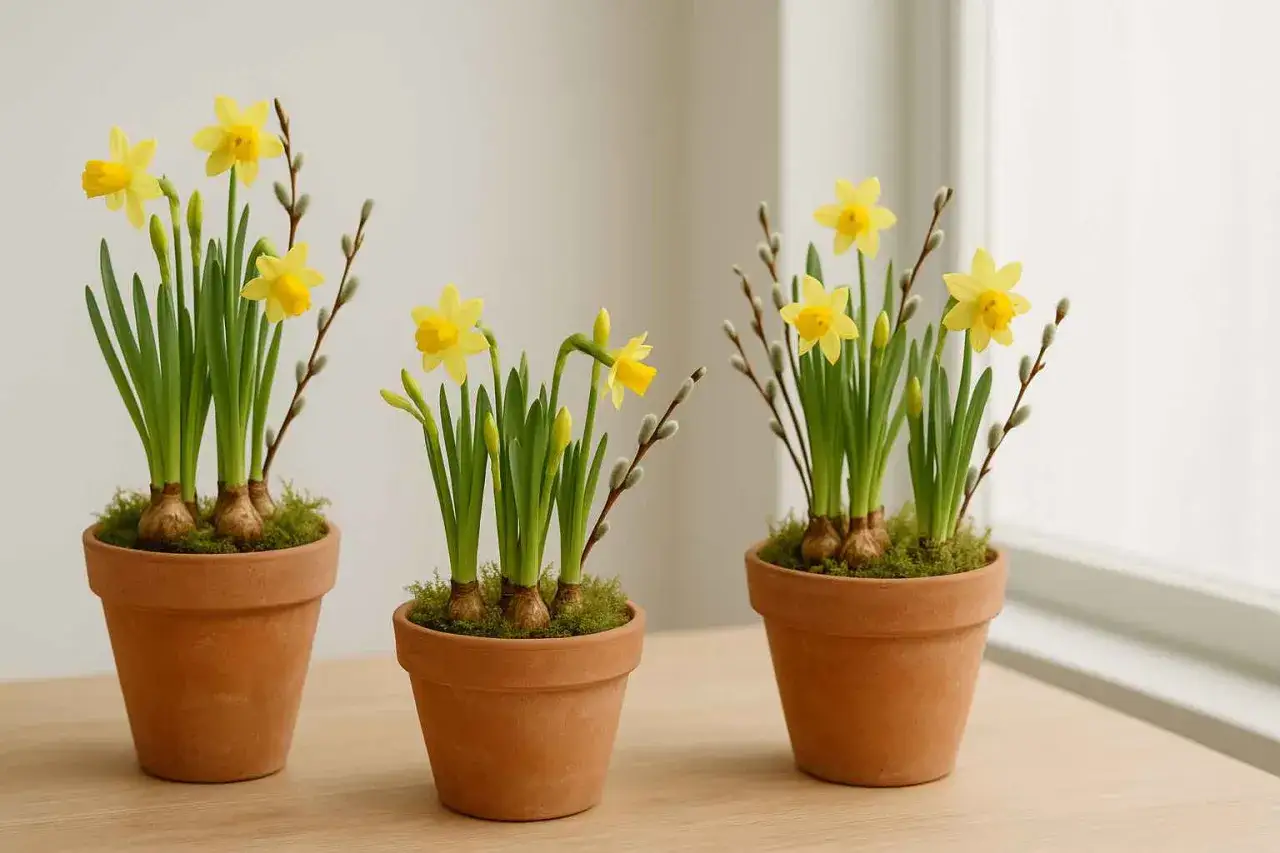 Tre krukor med gula påskblommor och videkissar. En vacker påskdekoration som sprider vårkänsla.