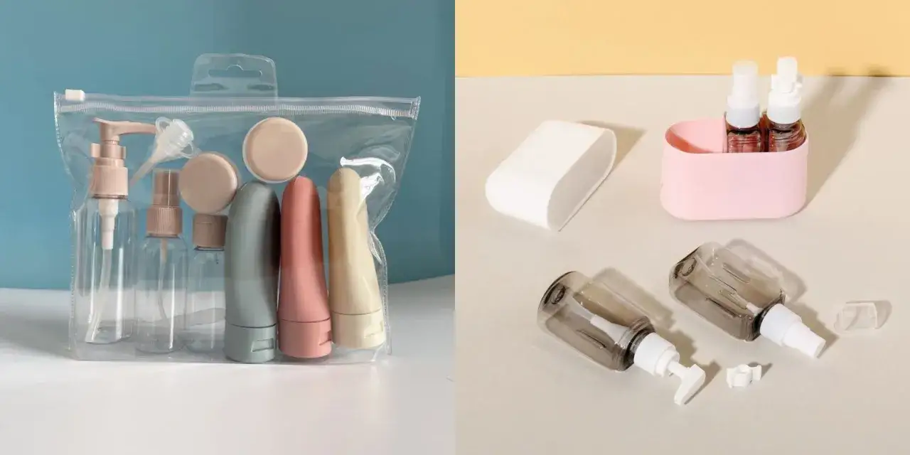 Ensemble de contenants pour maquillage et bagage cabine : flacons transparents, tubes souples et petits pots dans une trousse zipp&eacute;e et sur un plateau.