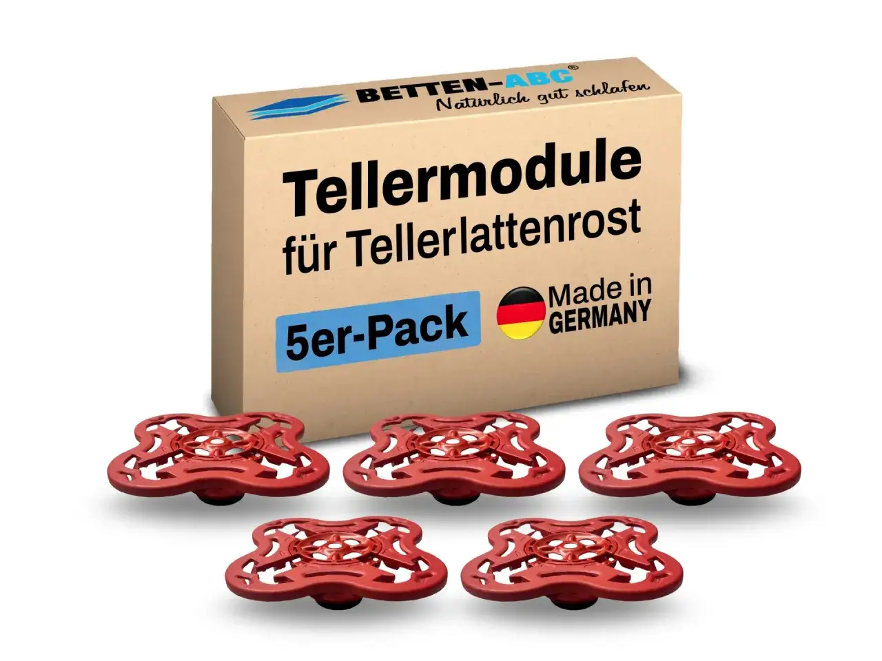 Rote Teller für Tellerlattenrost, 5er-Pack. Diese Module sind ideal, um Ihren Tellerlattenrost zu reparieren oder aufzurüsten, ähnlich wie bei einem Stiftung Warentest-Sieger. Made in Germany.