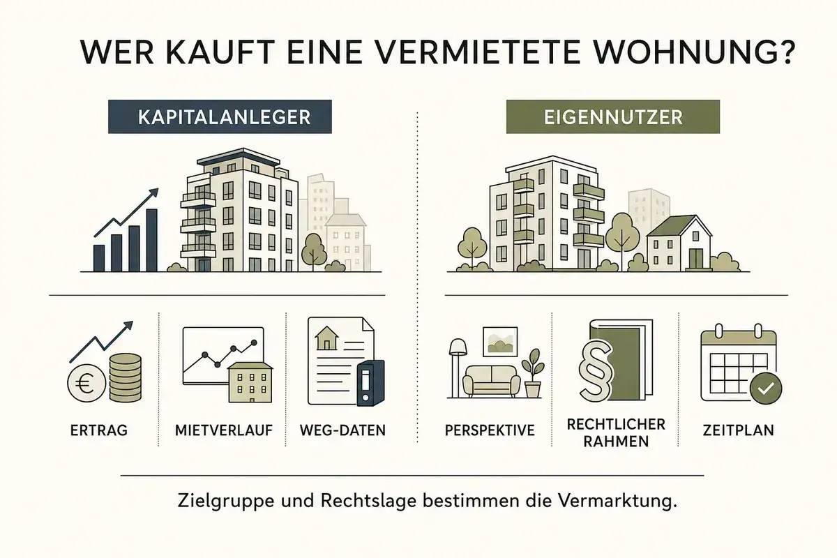 Infografik vergleicht Kapitalanleger und Eigennutzer beim Kauf einer vermieteten Wohnung. Faktoren wie Ertrag, Mietverlauf, Weg-Daten, Perspektive, rechtlicher Rahmen und Zeitplan werden beleuchtet.
