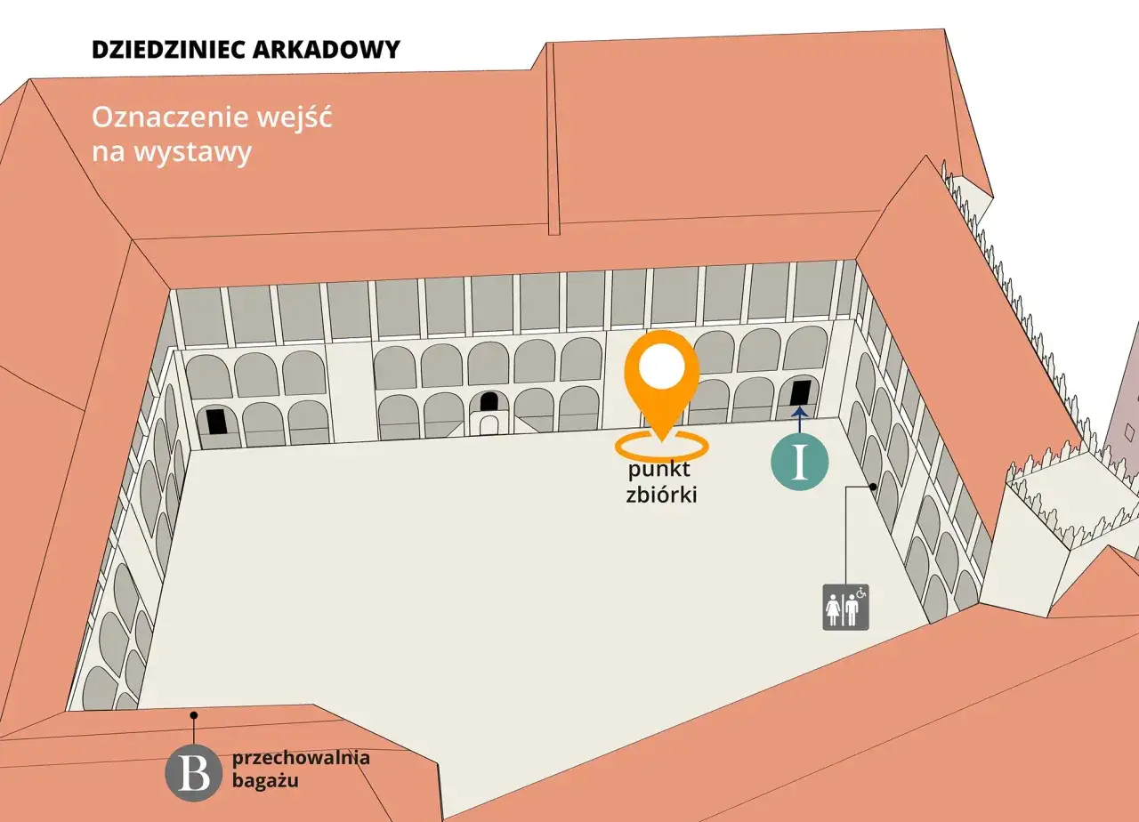 Plan dziedzińca arkadowego Wawelu. Wskazuje punkt zbiórki, przechowalnię bagażu i oznaczenia wejść na wystawy.