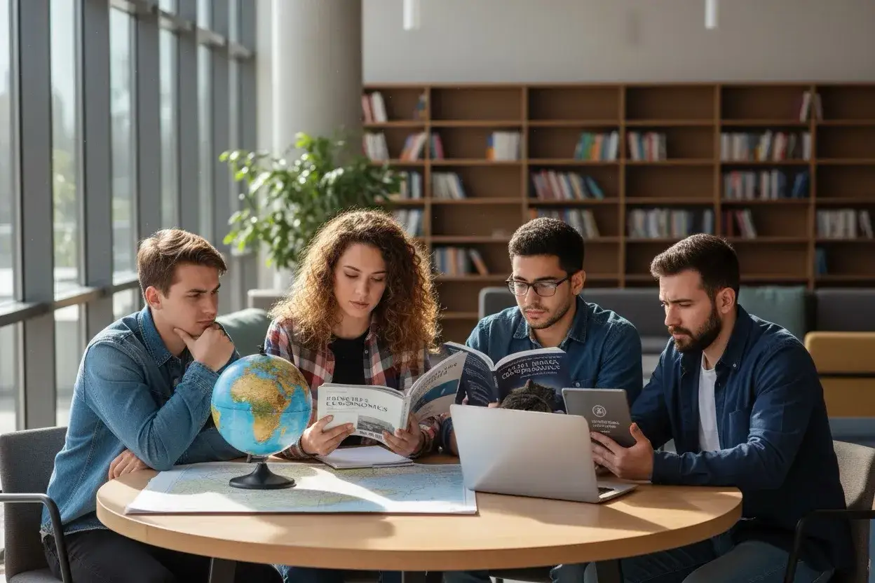 Studenci przy okrągłym stole z globusem i mapami. Zastanawiają się, jakie studia po maturze z geografii wybrać, analizując materiały.
