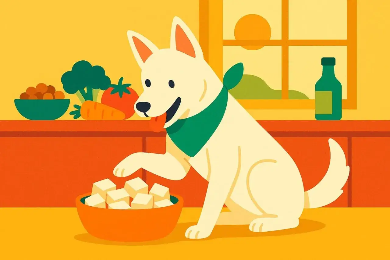 Un chien blanc avec un bandana vert savoure des cubes de yaourt de soja. Sur la table, des légumes et des croquettes.