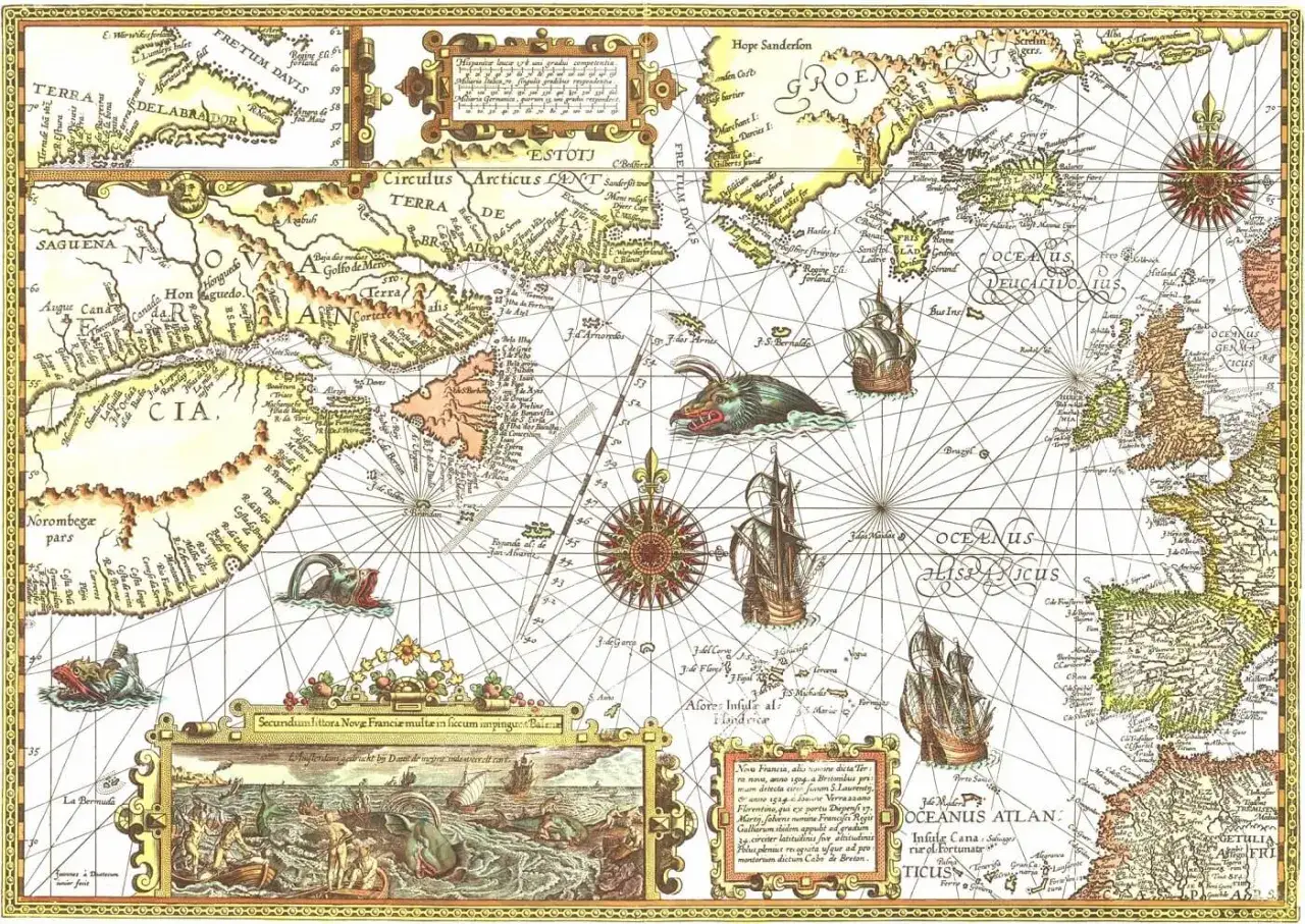 Antica mappa del mondo con navi, mostri marini e terre sconosciute. Un'opera che sembra la mappa più antica del mondo, ricca di dettagli e misteri.
