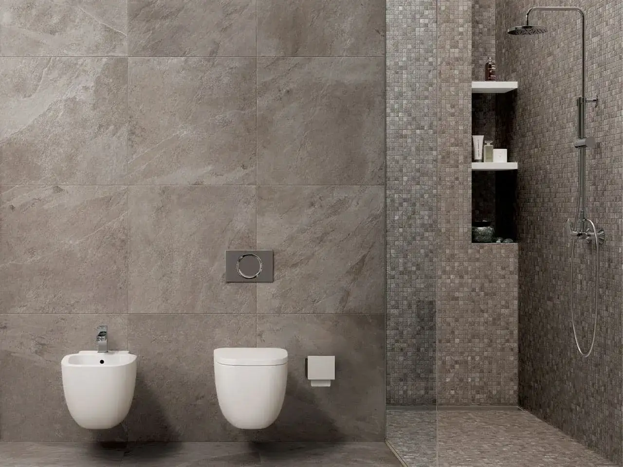 Bagno moderno con bidet, WC e doccia. Le piastrelle dei bagni moderni con doccia creano un ambiente elegante e funzionale.