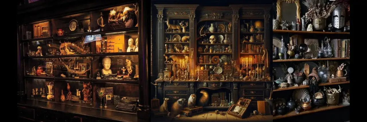 Un affascinante gabinetto delle curiosità, pieno di tesori antichi, scheletri, libri e oggetti bizzarri, che evocano un senso di mistero e scoperta.