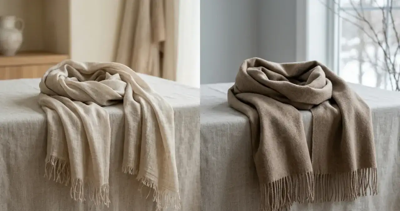 Dwa eleganckie szale, jeden jasny, drugi brązowy, prezentują, czym jest pashmina – synonim luksusu i ciepła.
