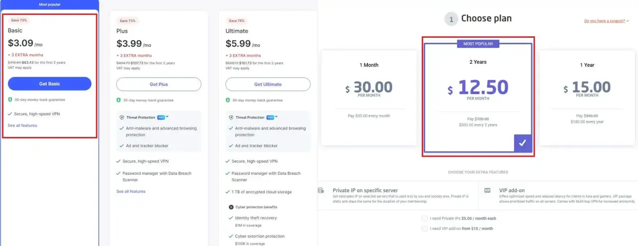 Porównanie cen Nord VPN: 2 lata za 12,50 $/miesiąc, 1 rok za 15 $/miesiąc, 1 miesiąc za 30 $/miesiąc.