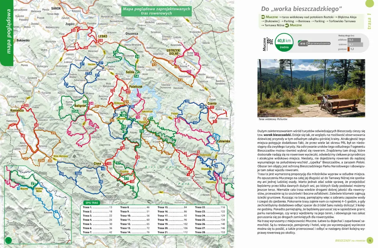 Mapa rowerowa Bieszczadów z zaznaczonymi trasami, w tym 