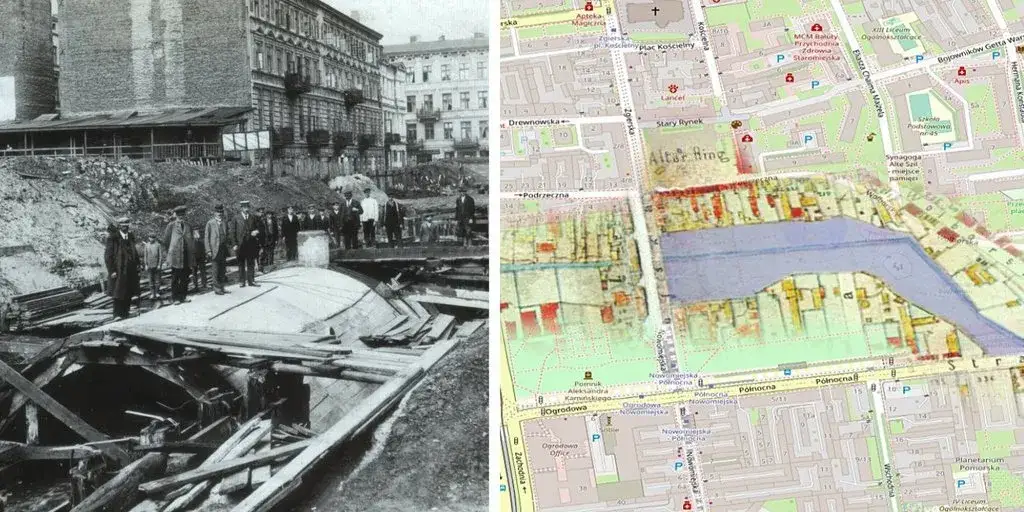 Stara mapa Łodzi z rzeką Ł&oacute;dką