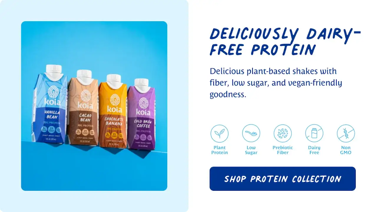 Vier Koia Proteinshakes in verschiedenen Geschmacksrichtungen, ideal als protein shake vor dem schlafen.