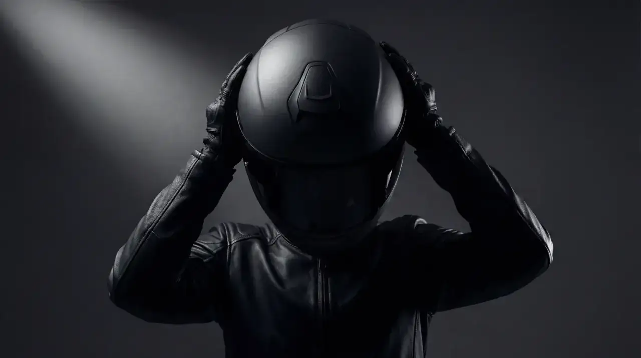 Persona con chaqueta de cuero y guantes se pone un casco negro, con l&iacute;neas afiladas y dise&ntilde;o moderno.