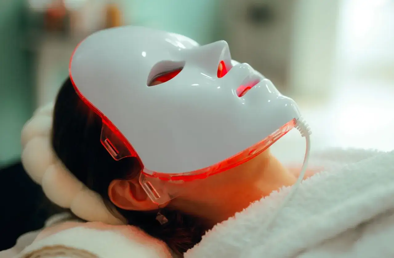 Persona con maschera LED rossa per un trattamento di foto bio modulazione.