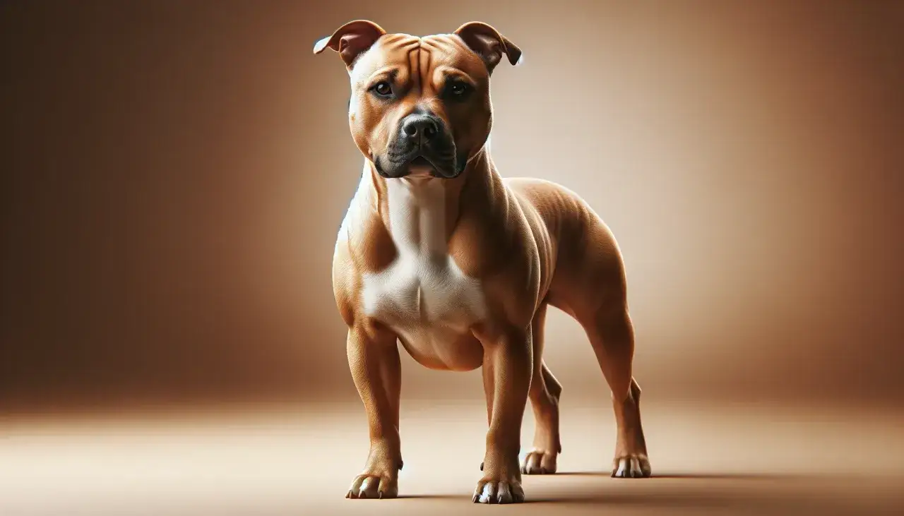 Un imponente American Staffordshire Terrier de pelaje leonado y blanco, musculoso y con mirada fija. Un ejemplo de los tipos de american stanford.