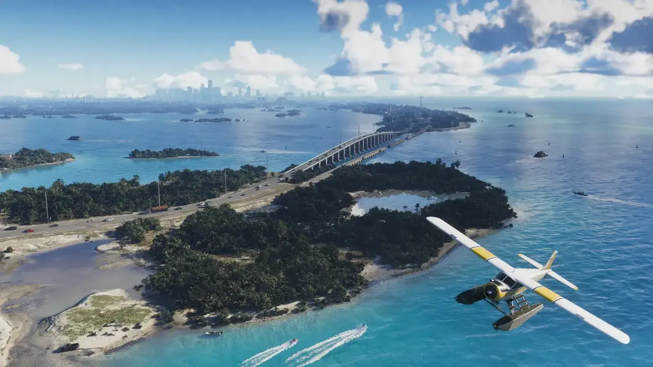 Ein Wasserflugzeug fliegt &uuml;ber einer tropischen Insel mit einer Stadt am Horizont. Die Szene erinnert an die Welt von GTA 6.