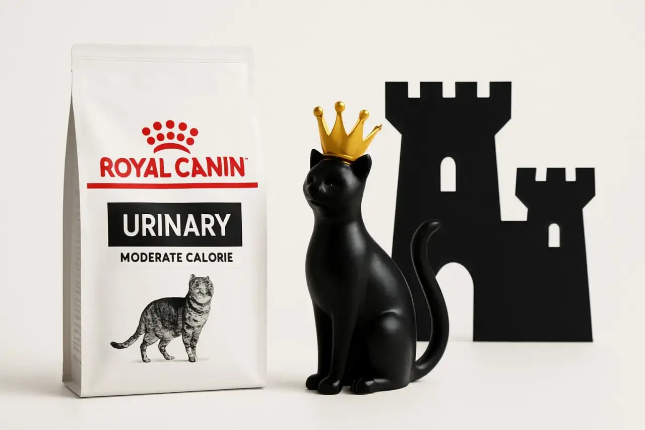 En kunglig svart katt med krona sitter bredvid en påse Royal Canin Urinary. Frågan