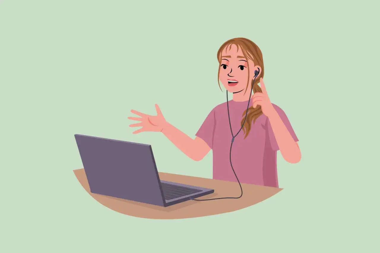 Chica con auriculares y portátil, practicando listening b1.