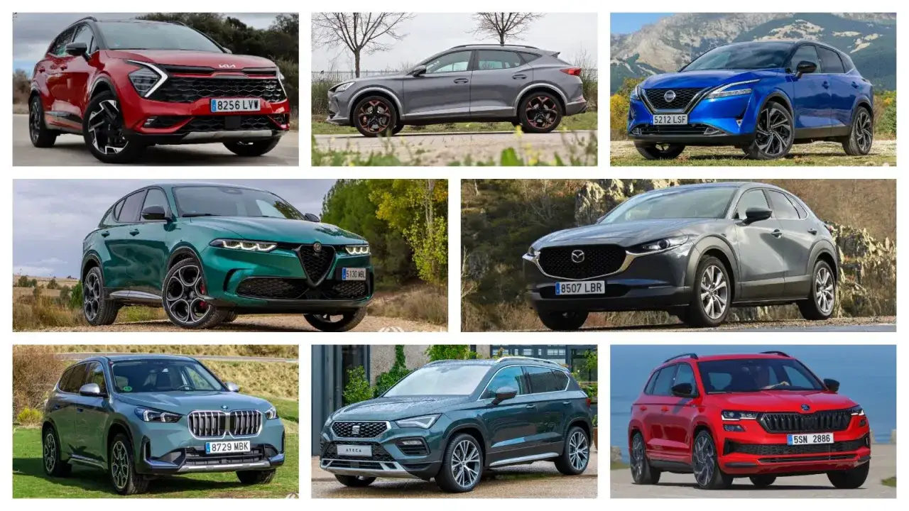 Varios SUVs modernos en diferentes colores. &iquest;Cu&aacute;ntos caballos tiene un coche normal? Depende del modelo, pero estos lucen potentes.