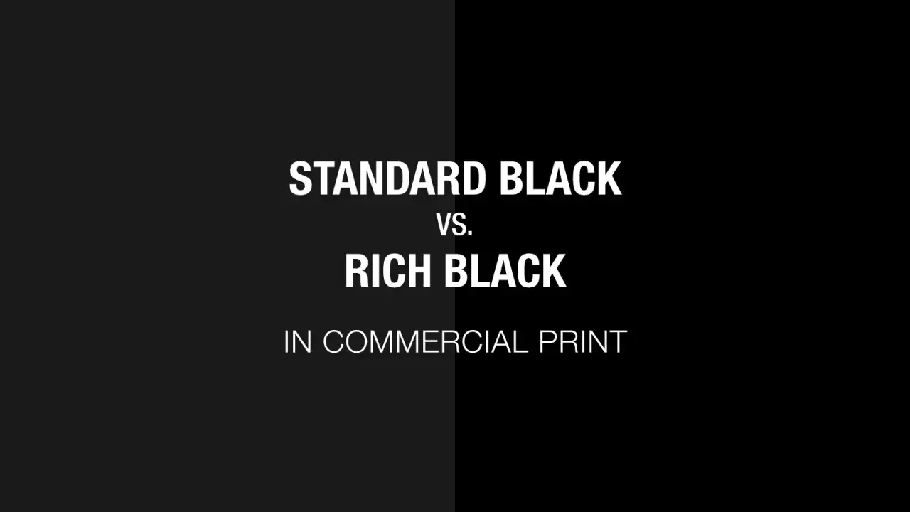 Comparaci&oacute;n de negro est&aacute;ndar vs. negro rico en impresi&oacute;n comercial. El negro rico usa CMYK para un negro m&aacute;s profundo.