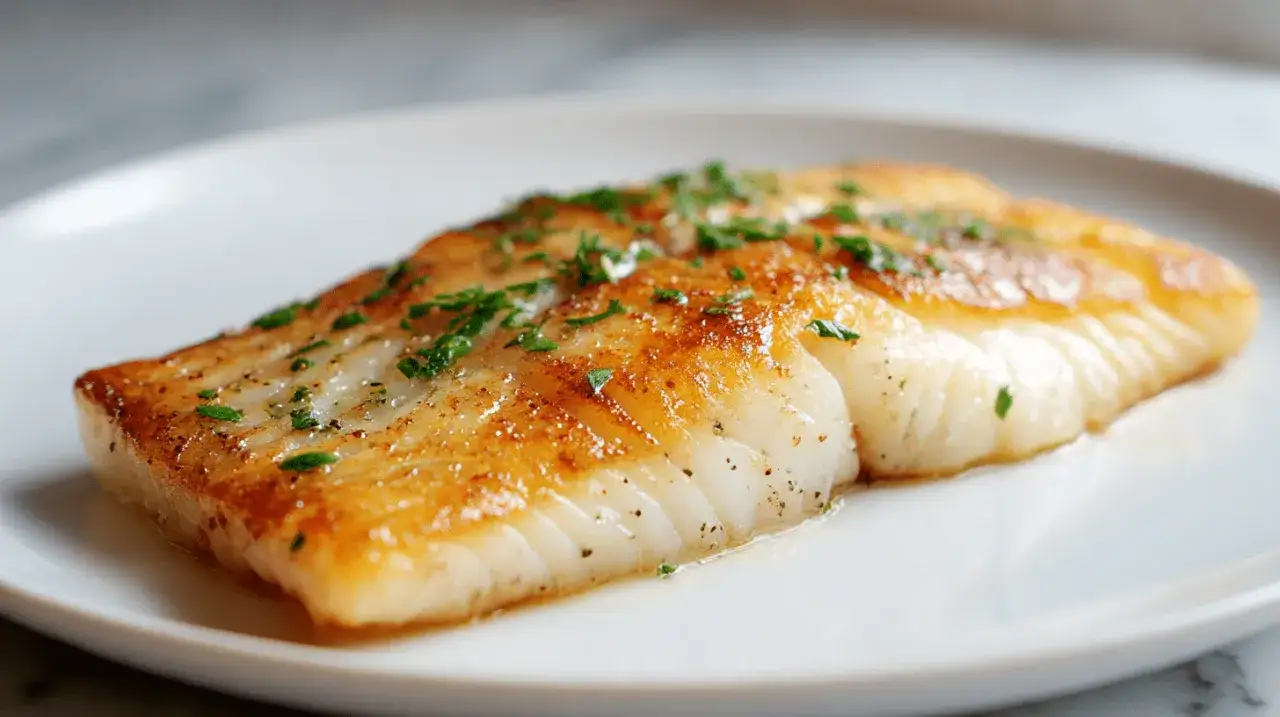 Saftiger Backfisch im Airfryer, goldbraun gebraten und mit frischer Petersilie bestreut, auf einem weißen Teller.