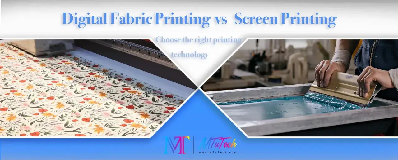 Vergleich von **Siebdruck oder Digitaldruck** auf Stoff. Links: Stoff mit Blumenmuster, bedruckt von einem digitalen Drucker. Rechts: Hände mit Rakel, die Farbe durch ein Sieb für den Siebdruck ziehen.