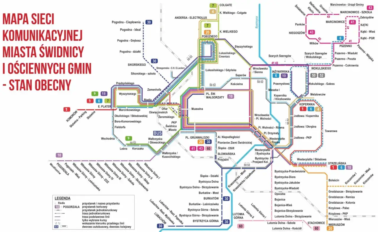 Mapa sieci komunikacyjnej Świdnicy i okolic. Rozkład jazdy MPK Świdnica z zaznaczonymi trasami i przystankami.