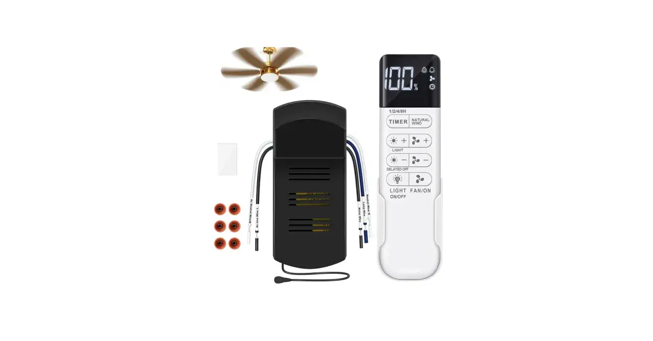 Control remoto para aire acondicionado y ventilador de techo, con ajuste de fan speed y temporizador.