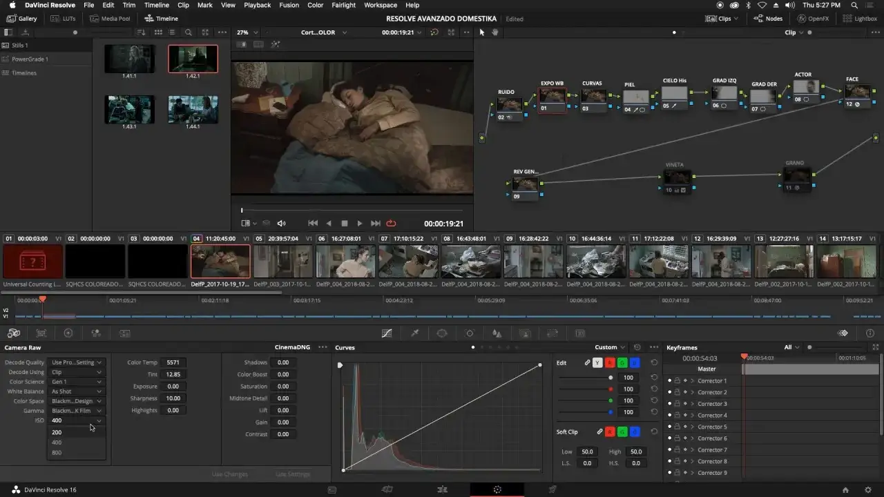Edycja w DaVinci Resolve: panel z klipami, oś czasu, grafy kolorów i ustawienia kamery.
