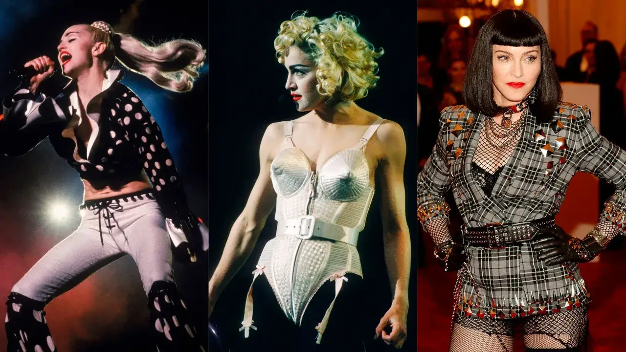 Madonna w trzech odsłonach: w grochy, w kultowym gorsecie i w kratę. Ikona stylu, zawsze odważna, nawet madonna bez makijażu potrafi zachwycić.